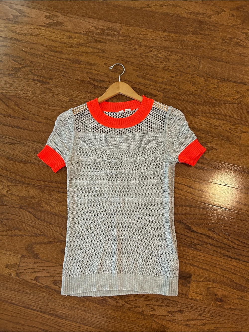 Anthropologie Open Knit Short Sleeve Sweater with Neon Orange Trim